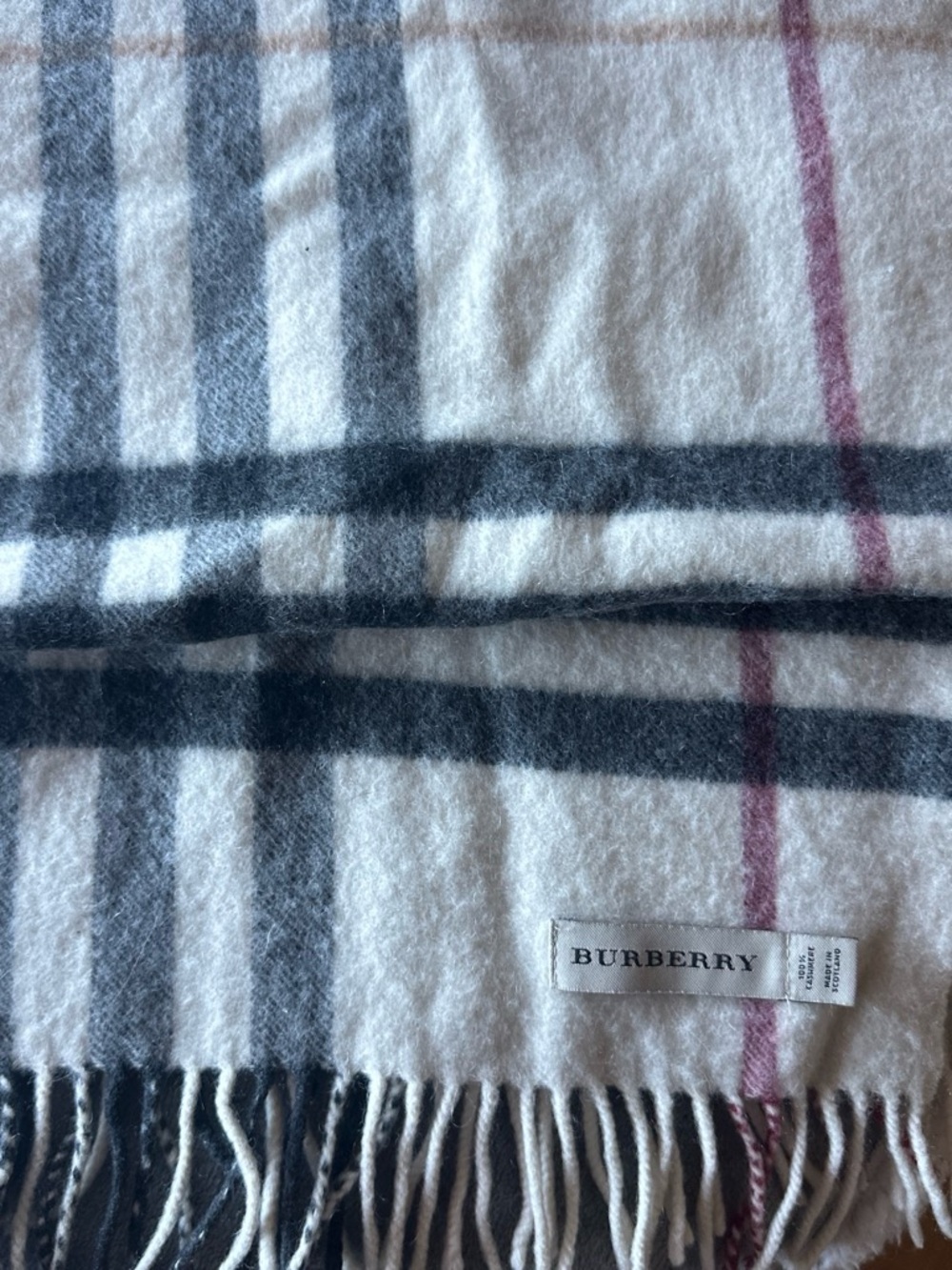 Burberry White Check Cashmere Throw with Gray and Pink Stripes